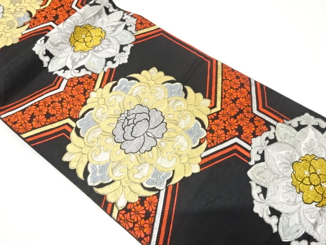 JAPANESE KIMONO / ANTIQUE FUKURO OBI / WOVEN KIKKO & FLORAL CREST